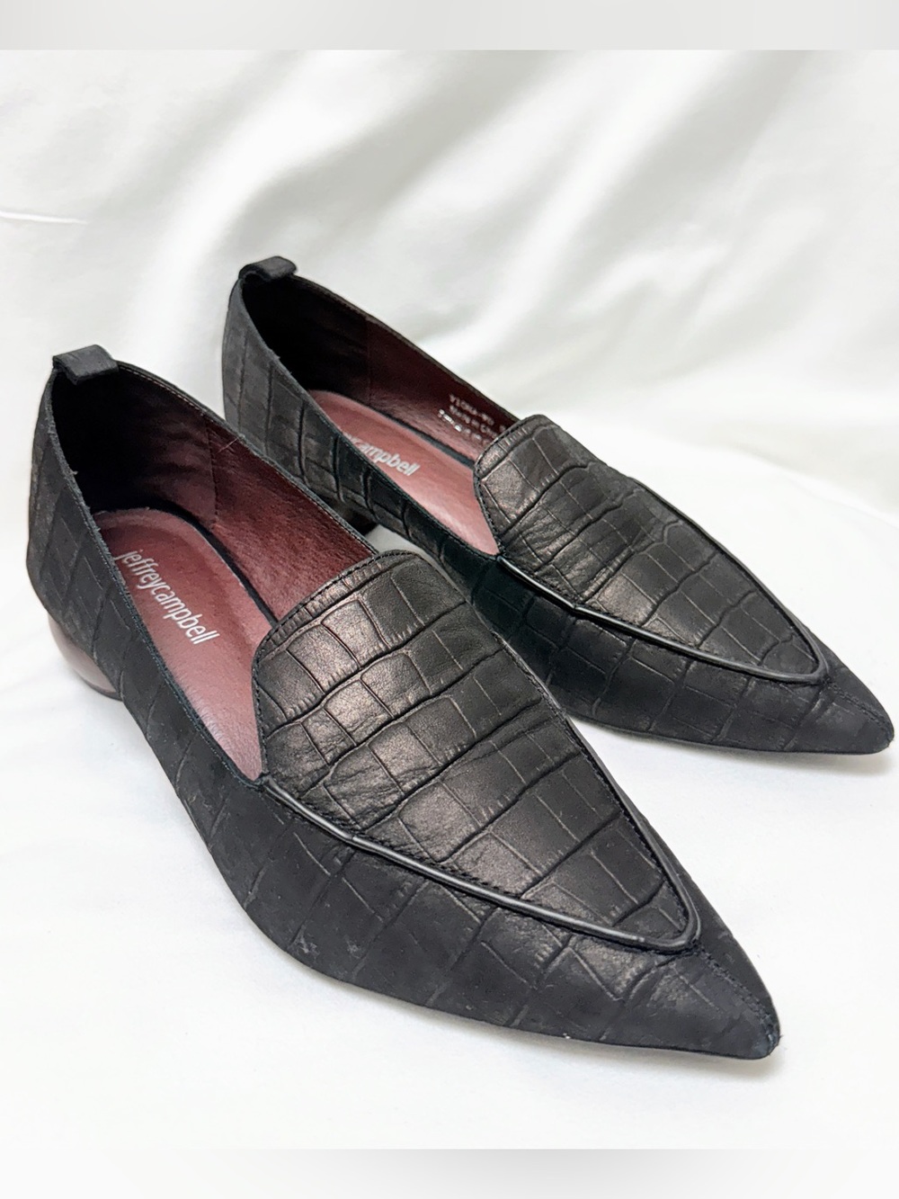 Jeffrey Campbell Black Croc Embossed Pointed Toe Sculptural Heel Loafers Size 8